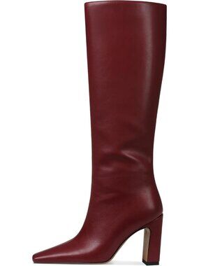 Women's Dark Red Square Toe Chunky Heeled Boots with Side Zipper Tall Boots